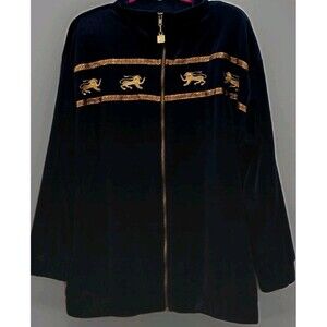 VTG Silver Threads Velour Zip Jacket Women’s L Lion Embroidered Oversized Mint